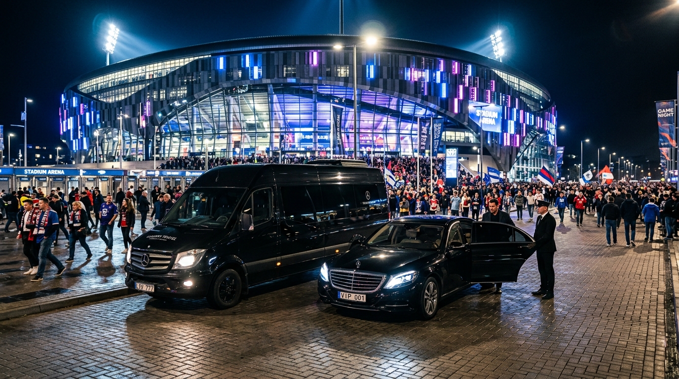 Illuminated sports stadium game night luxury transportation
